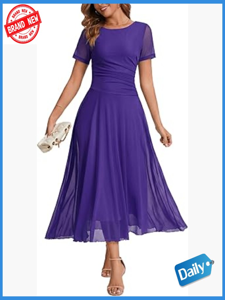 Short Sleeve Mesh Maxi Dress Flowy Swing Ruched A-Line Prom Wedding Guest